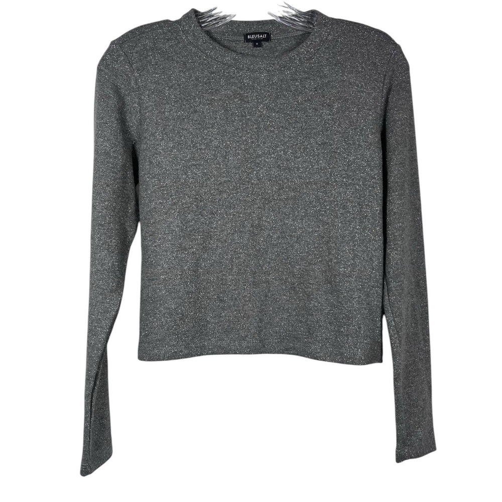 BLEUSALT Sz 0 XS Crop Top Sweater Gray Silver Metallic Long Sleeve Crewneck USA